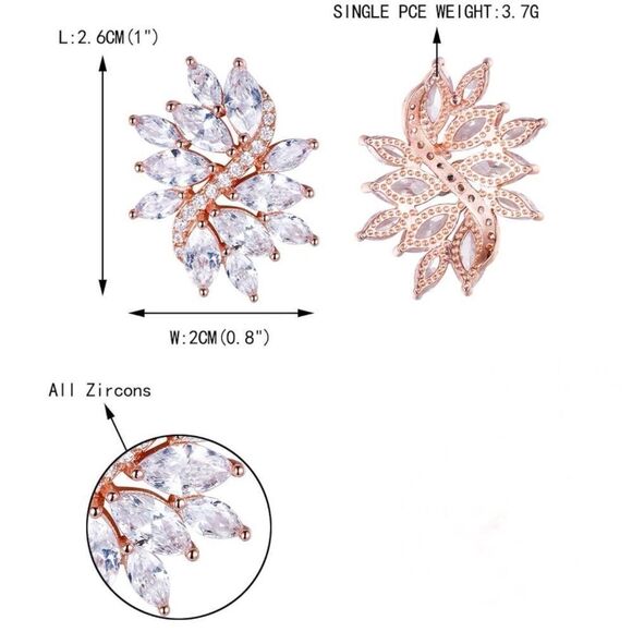 Rose Gold with White Diamond Cubic Zirconia Floral Leaf Post Back Stud Earrings - Picture 5 of 5